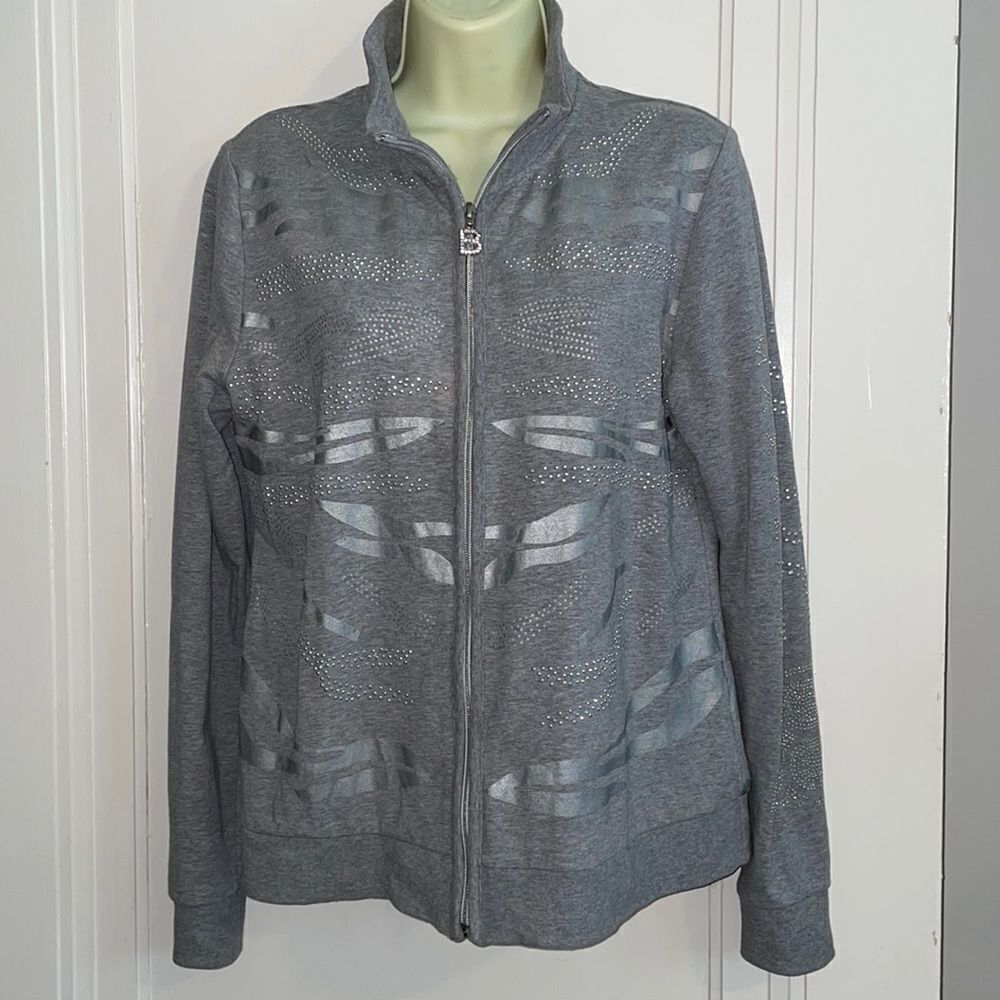 BCBG Max Azria gray/silver with‎ bling cotton/spandex knit jacket